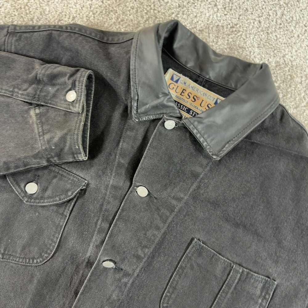 Vintage Guess Jeans Denim Chore Jacket Men's L Leather Collar 80's Workwear